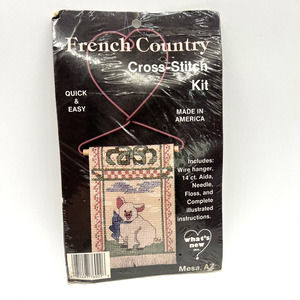 Vintage French Country Cross Stitch Kit, Cute Pig With Blue Ribbon Wire Heart